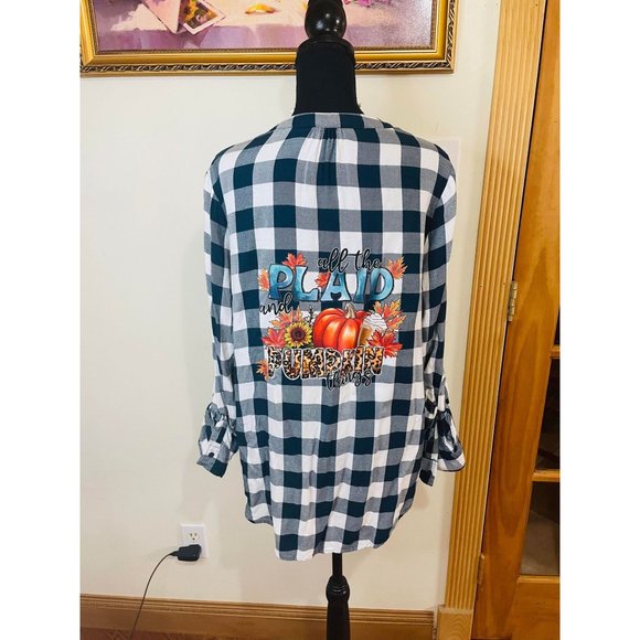Time & Tru Turquoise Plaid V-Neck Custom Fall Graphic Blouse Size M 8-10 - Picture 5 of 10